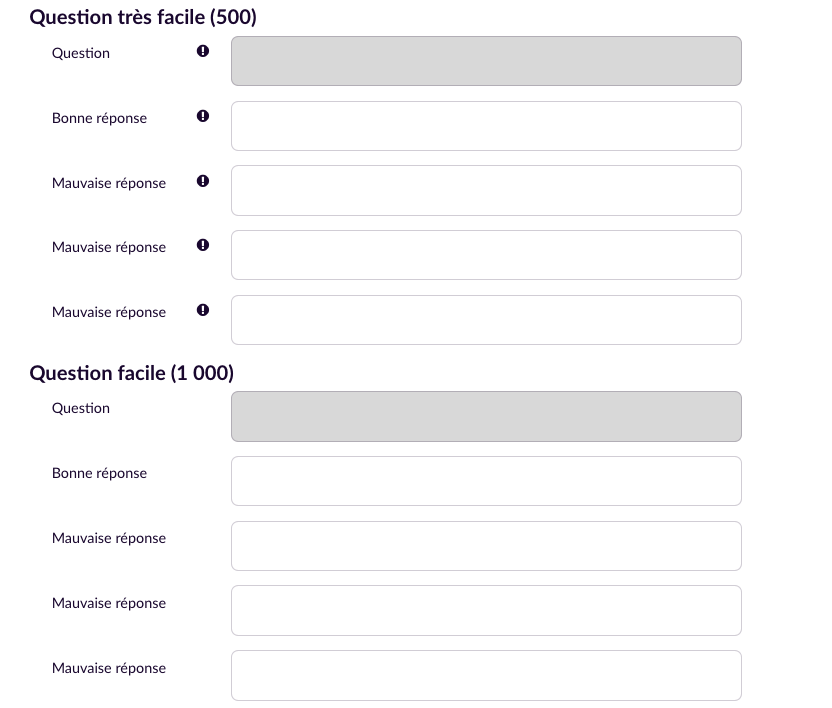 Interface de création des questions