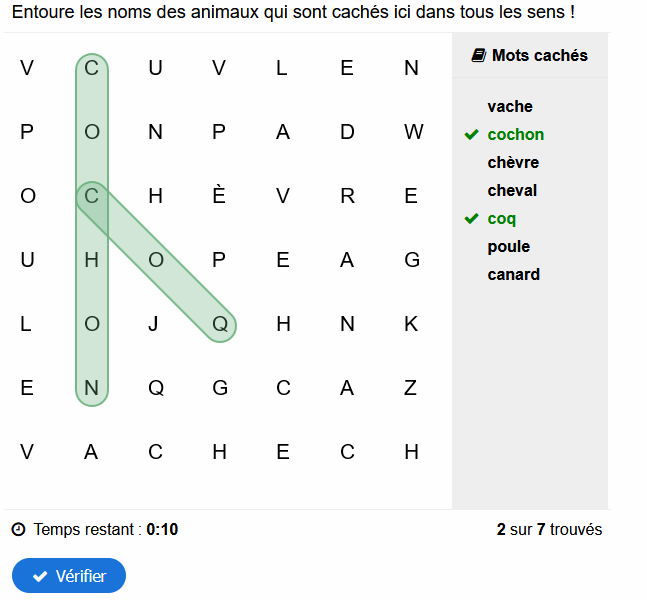 Cette grille de &quot;Mots Mêlés&quot; en cours de résolution